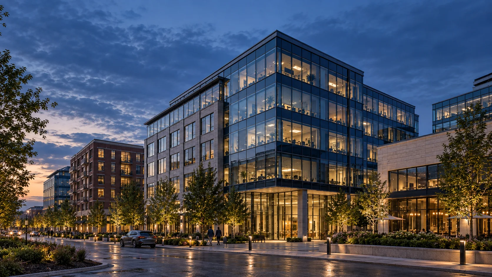 Contemporary office buildings at blue hour