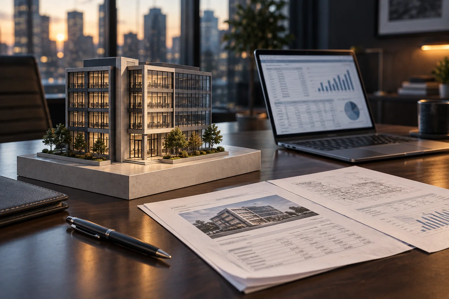 Property model and analysis documents on an analyst's desk